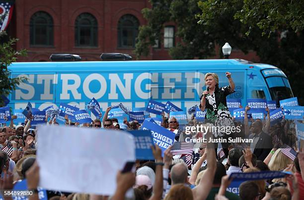 Democratic presidential nominee former Secretary of State Hillary Clinton speaks during a campaign rally with democratic vice presidential nominee...