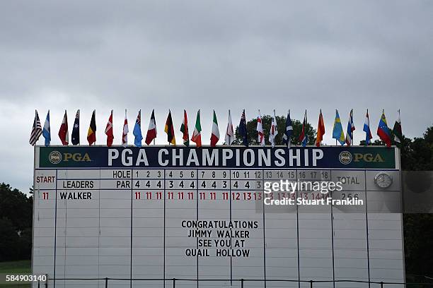 Note on the leaderboard congratulates Jimmy Walker of the United States on winning the 2016 PGA Championship at Baltusrol Golf Club on July 31, 2016...
