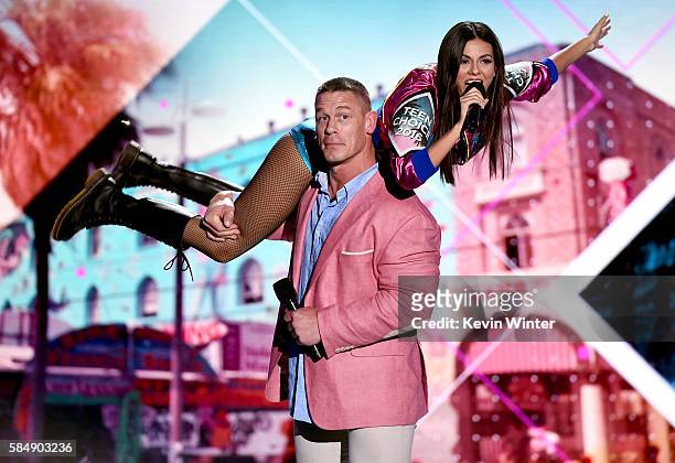 Co-hosts John Cena and Victoria Justice speak onstage during Teen Choice Awards 2016 at The Forum on July 31, 2016 in Inglewood, California.