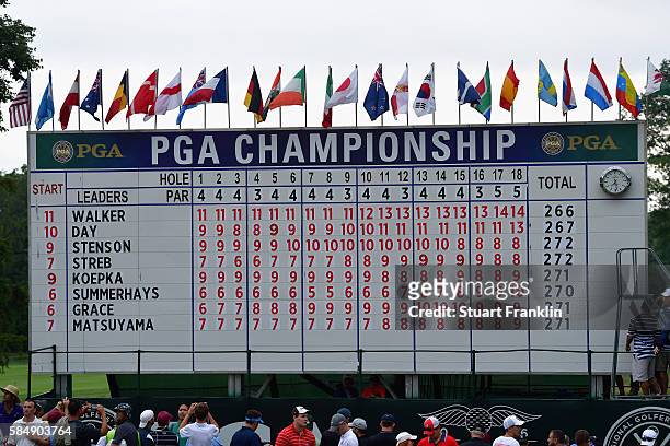 The final leaderboard is seen after the final round during which Jimmy Walker of the United States won the 2016 PGA Championship at Baltusrol Golf...