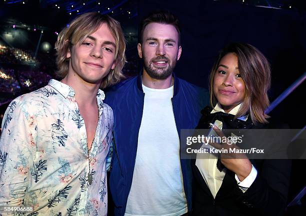 Actors Ross Lynch, Chris Evans and Gina Rodriguez attend the Teen Choice Awards 2016 at The Forum on July 31, 2016 in Inglewood, California.