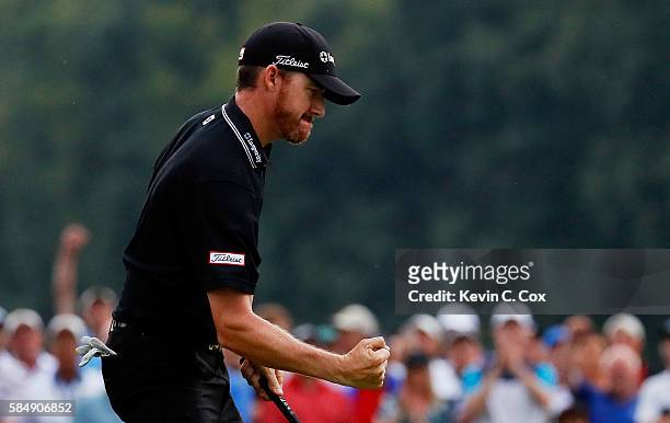 Jimmy Walker of the United States celebrates his eagle on the 17th hole during the final round of the 2016 PGA Championship at Baltusrol Golf Club on...