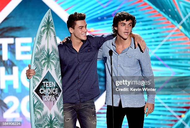 Internet personalities Grayson Dolan and Ethan Dolan accept the Choice Web Stars award onstage during Teen Choice Awards 2016 at The Forum on July...