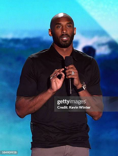 Former NBA player Kobe Bryant speaks onstage during Teen Choice Awards 2016 at The Forum on July 31, 2016 in Inglewood, California.