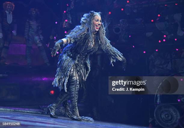 Actress Leona Lewis acknowledges the audience during the "Cats" Broadway Opening at Neil Simon Theatre on July 31, 2016 in New York City.