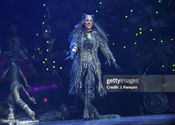 Actress Leona Lewis acknowledges the audience during the "Cats" Broadway Opening at Neil Simon Theatre on July 31, 2016 in New York City.