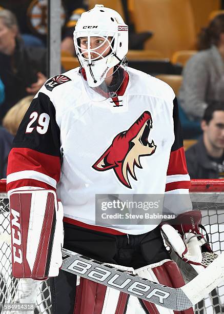 Goaltender Anders Lindback of the Arizona Coyotes warms up before the game against the Boston Bruins at TD Garden on October 27, 2015 in Boston,...