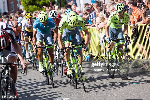 The peloton during PostNord Tour of Denmark third stage on the 20% uphill road, Kiddesvej, in Vejle, Denmark, on July 29, 2016. In the blue GC leader...
