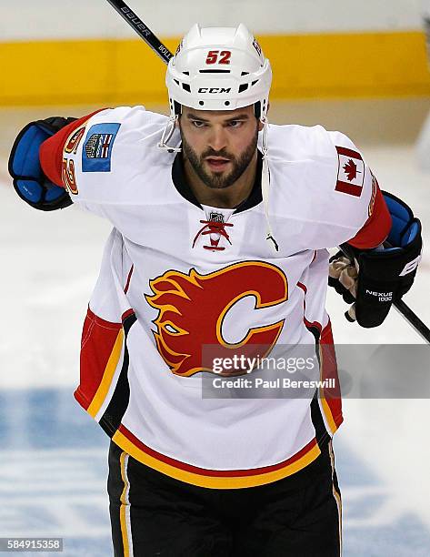 Brandon Bollig of the Calgary Flames warms up before the game against the New York Islanders at Barclays Center on October 26, 2015 in Brooklyn...