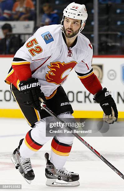 Brandon Bollig of the Calgary Flames plays in the game against the New York Islanders at Barclays Center on October 26, 2015 in Brooklyn borough of...