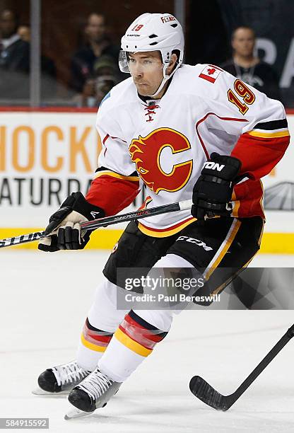 David Jones of the Calgary Flames plays in the game against the New York Islanders at Barclays Center on October 26, 2015 in Brooklyn borough of New...