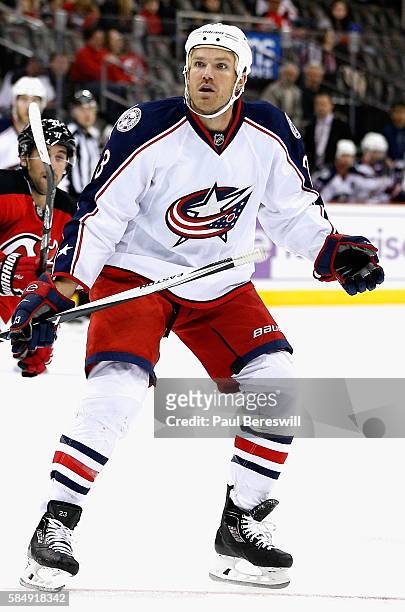 David Clarkson of the Columbus Blue Jackets plays in the game against the New Jersey Devils at the Prudential Center on October 27, 2015 in Newark,...