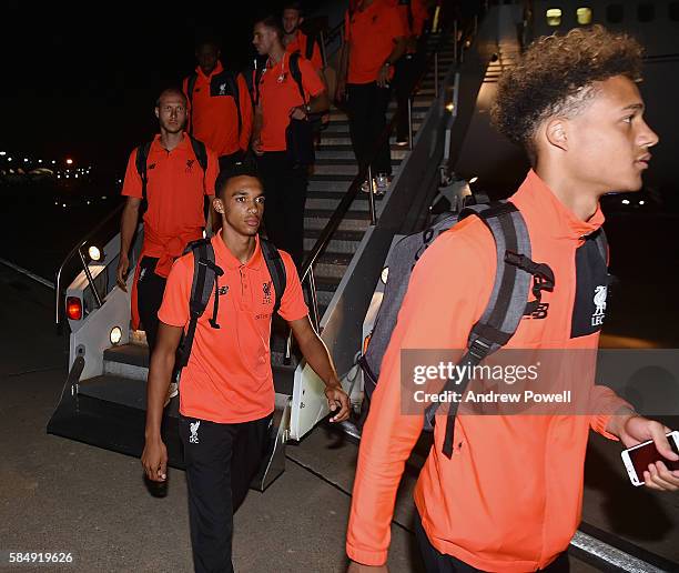 Trent Alexander-Arnold of Liverpool disembark the plane for their final leg of the American Pre Season tour on July 31, 2016 in St Louis, Missouri.