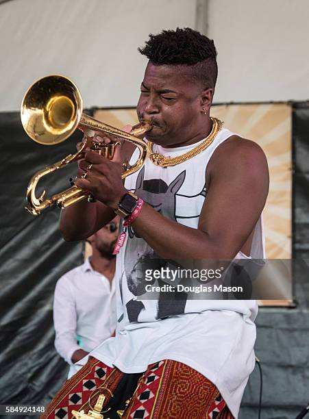 Christian Scott performs during the Newport Jazz Festival 2016 at Fort Adams State Park on July 31, 2016 in Newport, Rhode Island.