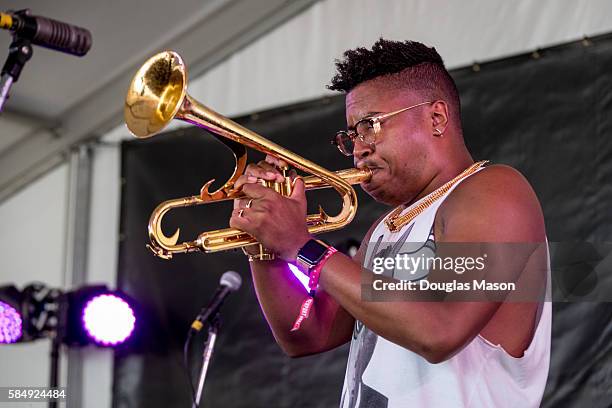 Christian Scott performs during the Newport Jazz Festival 2016 at Fort Adams State Park on July 31, 2016 in Newport, Rhode Island.