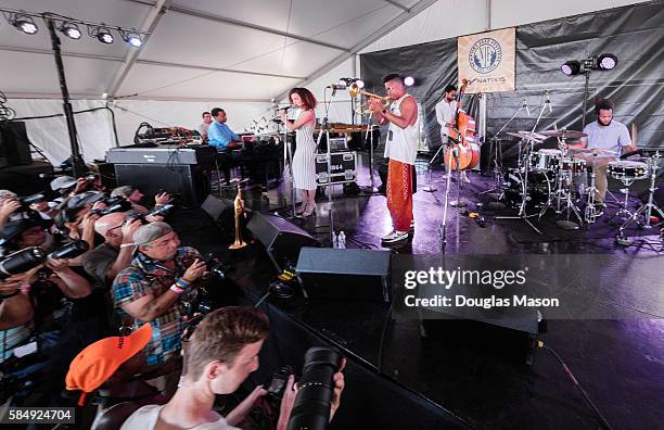 Lawrence Fields, Elena Pinderhughes, Christian Scott, Kris Funn and Corey Fonville perform during the Newport Jazz Festival 2016 at Fort Adams State...