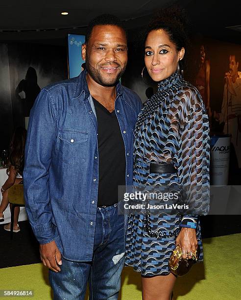 Actor Anthony Anderson and actress Tracee Ellis Ross pose in the green room at the 2016 Teen Choice Awards at The Forum on July 31, 2016 in...