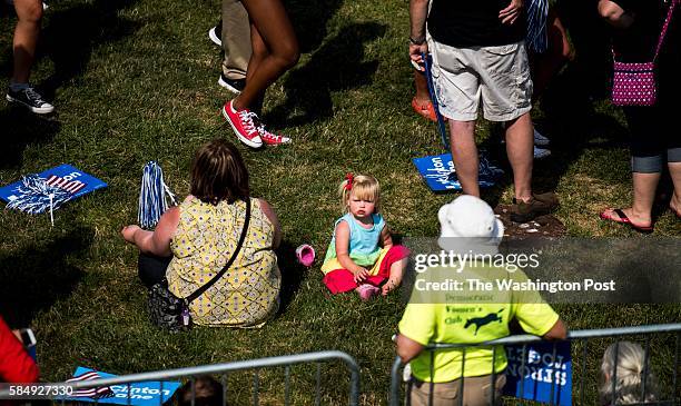 On the third day of a bus tour through Pennsylvania and Ohio, large crowd on a hot summer day listens to Democratic Nominee for President of the...