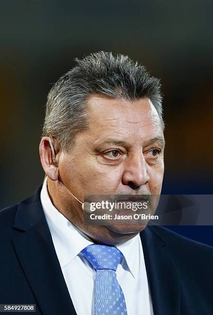 Fox commentator Steve Roach during the round 21 NRL match between the Gold Coast Titans and the Cronulla Sharks at Cbus Super Stadium on August 1,...