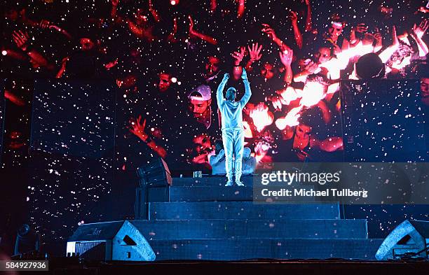 Electronic music artist Walshy Fire of Major Lazer performs during the Hard Summer Music Festival 2016 at Auto Club Speedway on July 30, 2016 in...