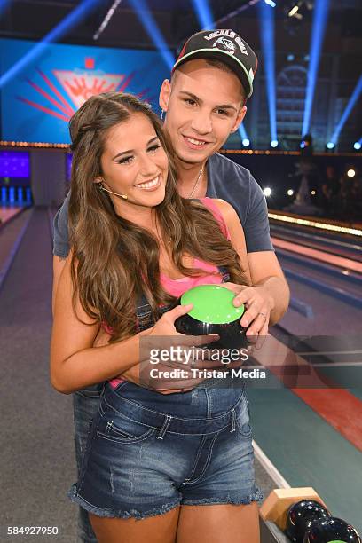 Pietro Lombardi and his wife Sarah Lombardi during the tv show 'Der grosse RTL II-Promi-Kegelabend' on July 31, 2016 in Winterberg, Germany.