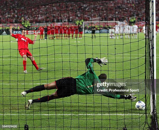 Milan goalkeeper Dida saves the penalty of john Arne Riise of Liverpool in the shoot-out during the UEFA Champions League final between Liverpool and...