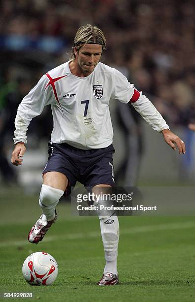 David Beckham of England in action as he captains the national team for the 50th time during the International friendly match between England and...