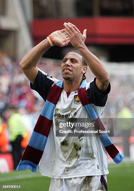 Anton Ferdinand of West Ham United celebrates at the final whistle following the FA Cup Semi-Final match between West Ham United and Middlesbrough at...