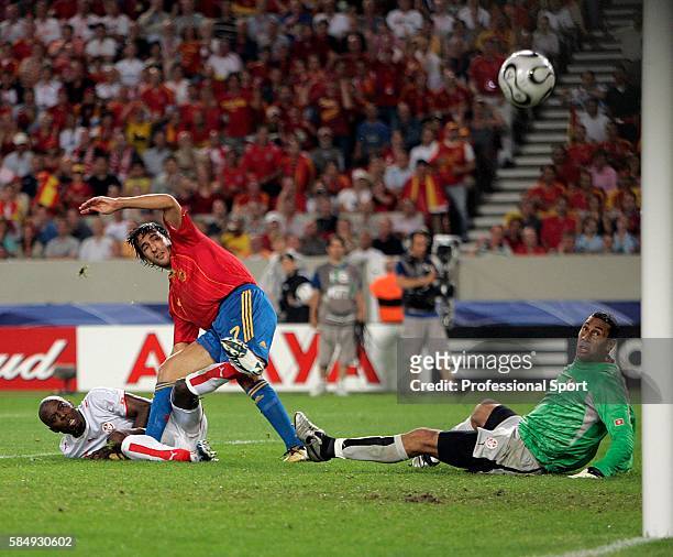 Raul of Spain celebrates after scoring his team's first goal during the FIFA 2006 World Cup Group H match between Spain and Tunisia at the...