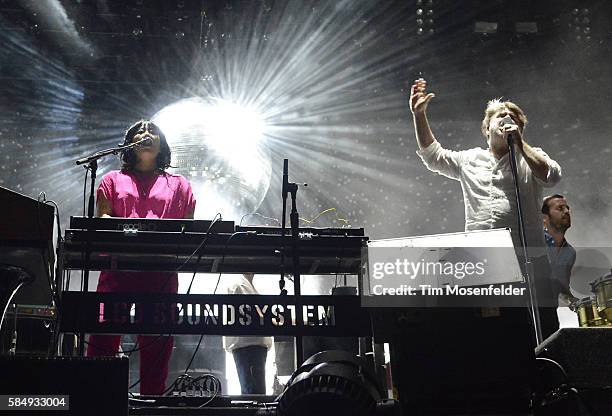 Nancy Whang and James Murphy of LCD Soundsystem perform during Lollapalooza at Grant Park on July 31, 2016 in Chicago, Illinois.