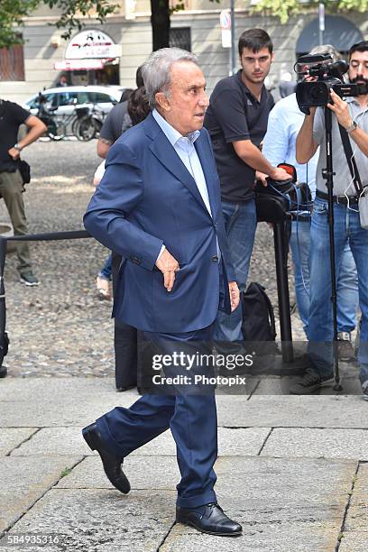 Emilio Fede arrives at Marta Marzotto at church of Sant'Angelo on August 1, 2016 in Milan, Italy.