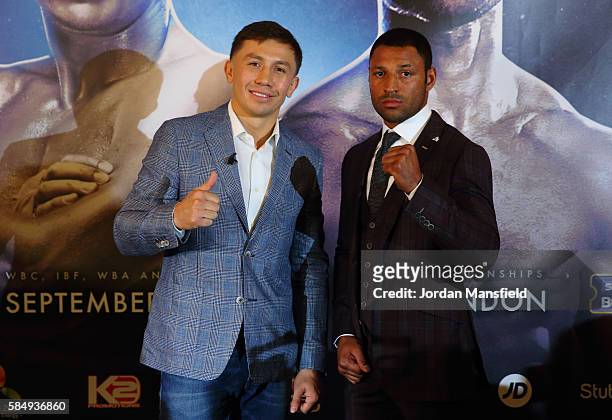 Gennady Golovkin and Kell Brook pose for a photo during the press conference ahead of the fight between Gennady Golovkin and Kell Brook at the...