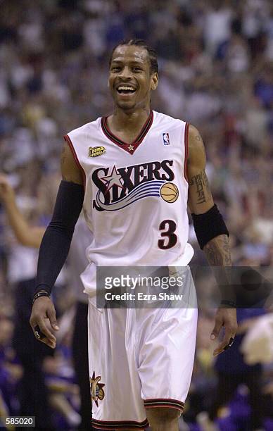 Allen Iverson of the Philadelphia 76ers smiles as he walks off the court during game 3 of the NBA Finals against the Los Angeles Lakers at the First...