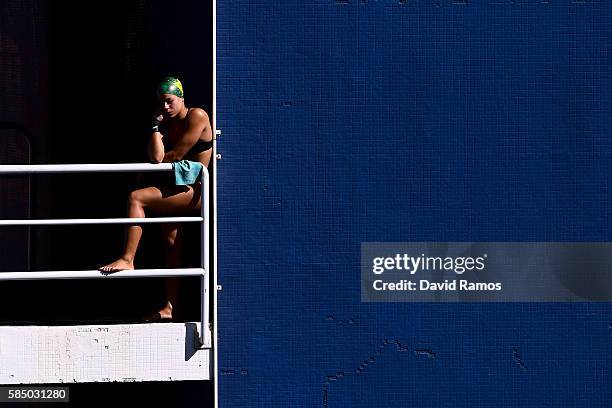 Ingrid de Oliveira of Brazil looks on as she practices on the Women's 10m Platform at the Maria Lenk Aquatics Centre in the Olympic Park on August 1,...