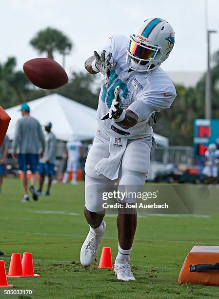 Tyler Murphy of the Miami Dolphins catches the ball during the teams training camp on August 1, 2016 at the Miami Dolphins training facility in...