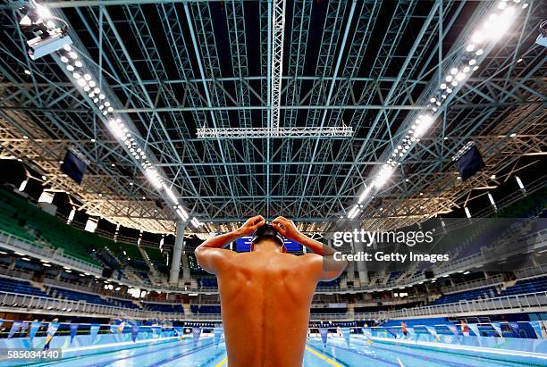 Competitor prepares to swim during a training session at the Olympic Aquatics Stadium in the Olympic Park on August 1, 2016 in Rio de Janeiro, Brazil.