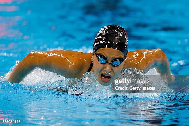 Olympic refugee team swimmer Yusra Mardini trains at the Olympic Aquatics Stadium ahead of the Rio 2016 Olympic Games on July 28, 2016 in Rio de...