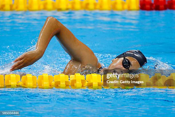 Olympic refugee team swimmer Yusra Mardini trains at the Olympic Aquatics Stadium ahead of the Rio 2016 Olympic Games on July 28, 2016 in Rio de...