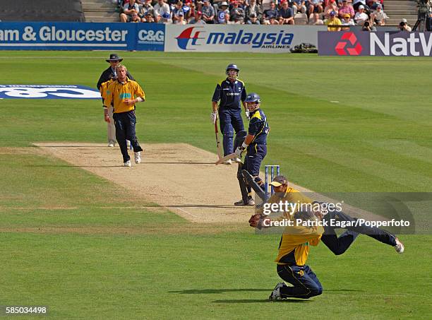 Phil Jaques of Yorkshire is caught by Hampshire wicketkeeper Nic Pothas off a no ball from Sean Ervine during the Cheltenham & Gloucester Trophy Semi...