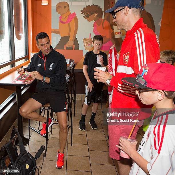 Luis Garcia ambassador of Liverpool meets with fans during an appearance at the Kirkwood Dunkin' Donuts on August 1, 2016 in St. Louis, Missouri....