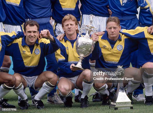 Leeds United captain Gordon Strachan, flanked by Tony Dorigo and David Batty with the Football League Division One trophy for the 1991/92 season at...
