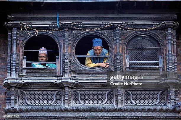 Nepalese devotees observing Gathemangal festival by burning effigy of demon Ghanta Karna during the Ghanta Karna 'Gathemangal' festival celebrated in...