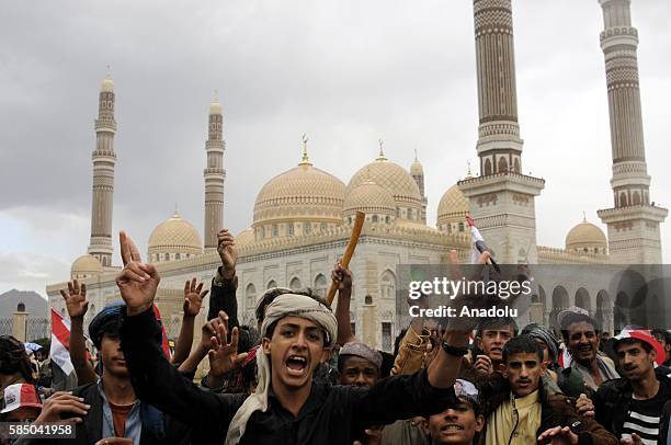 People gather to support the "supreme council" which was established for state affairs by Houthi and former President Ali Abdullah Saleh's party...