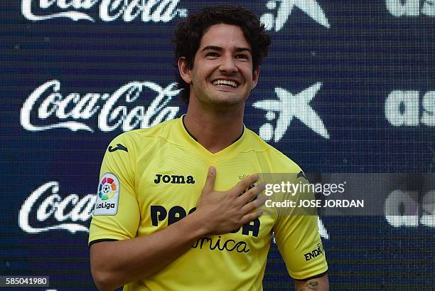 Villarreal's new signing Brazilian Alexandre Rodrigues da Silva "Pato" poses with his new jersey during his Official presentation at Ermita de la...