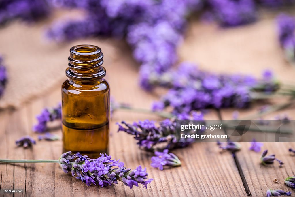 Herbal oil and lavender flowers