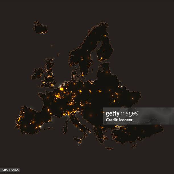 ilustraciones, imágenes clip art, dibujos animados e iconos de stock de mapa de contaminación lumínica de europa sobre fondo marrón - photopollution