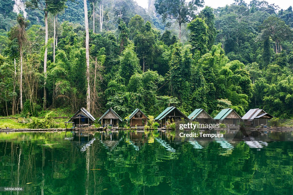 Kao Sok National Park lake and villagers sheds.