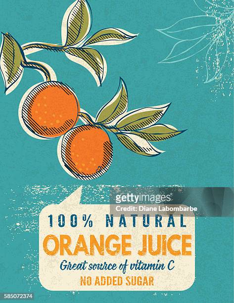 vintage style advertising orange juice poster - orange fruit stock illustrations