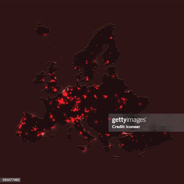 stockillustraties, clipart, cartoons en iconen met europe red light pollution map on dark red flat background - photopollution