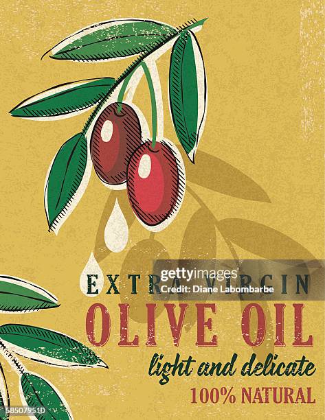 vintage style olive oil poster - italian culture stock illustrations